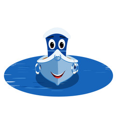 Blue Boat in Water - Cartoon Vector Image