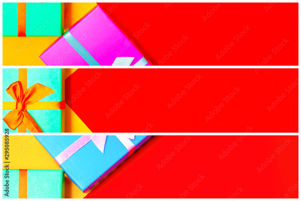 Aufkleber gift box with ribbon on a colorful background. view from above. three sections.