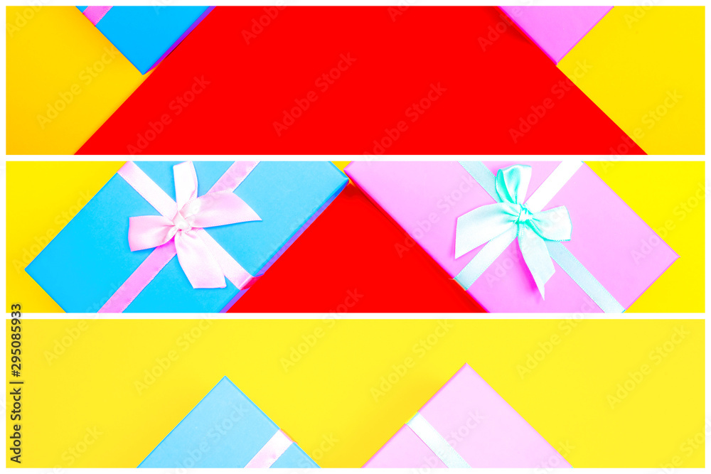 Aufkleber gift box with ribbon on a colorful background. view from above. three sections.