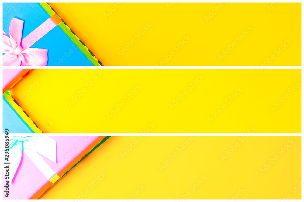 Aufkleber gift box with ribbon on a colorful background. view from above. three sections.