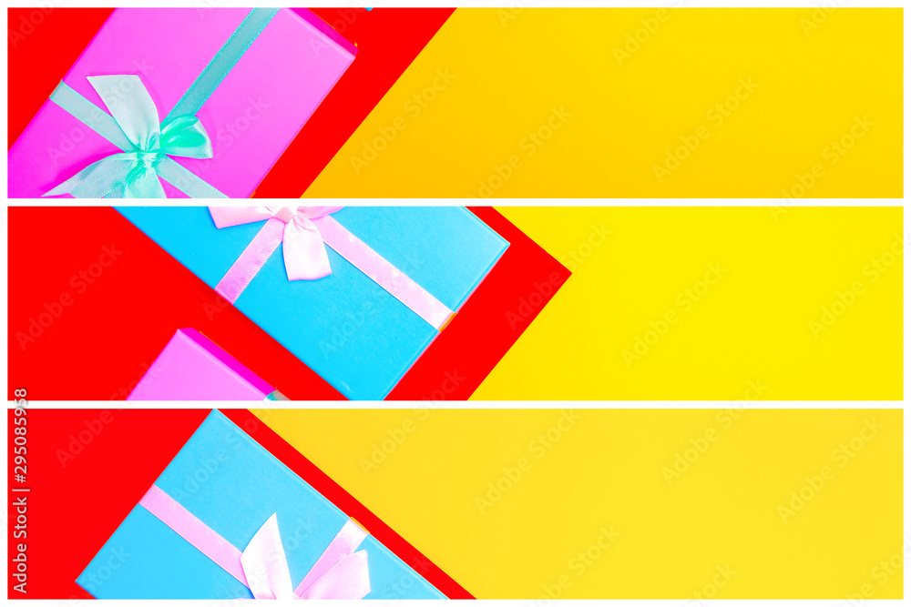 Aufkleber gift box with ribbon on a colorful background. view from above. three sections.