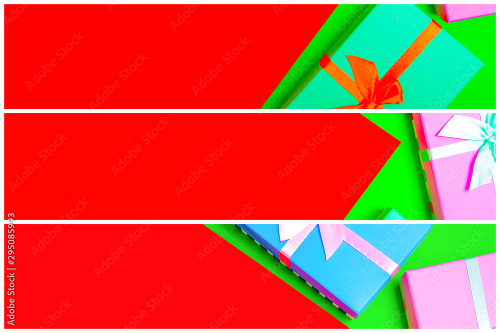 Aufkleber gift box with ribbon on a colorful background. view from above. three sections.