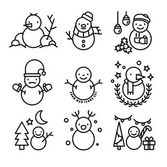 set of editable stroke snowman for Christmas and new year, Snowman collection for winter, icon, symbol, sign