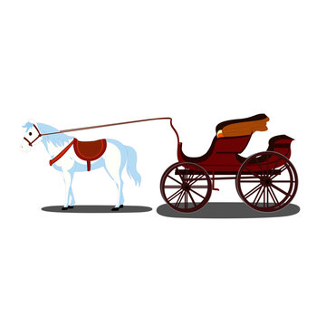 Cute White Horse with Carriage - Cartoon Vector Image