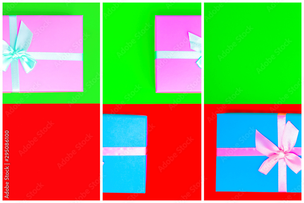 Aufkleber gift box with ribbon on a colorful background. view from above. three sections.