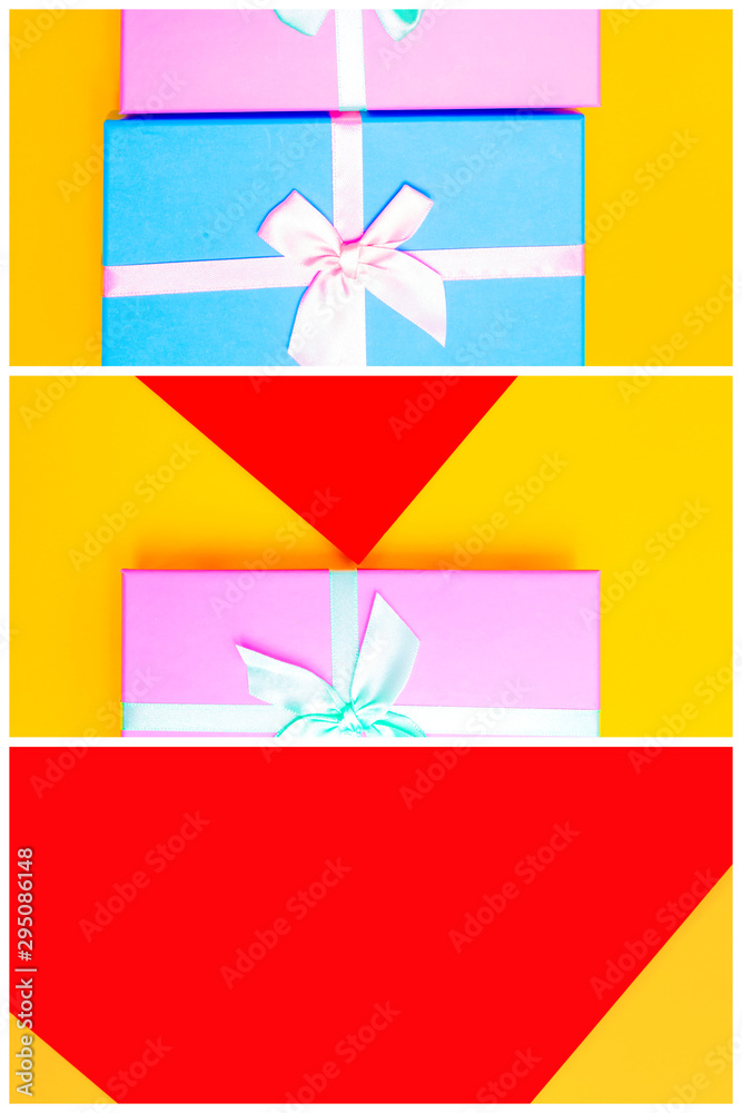 Aufkleber gift box with ribbon on a colorful background. view from above. three sections.
