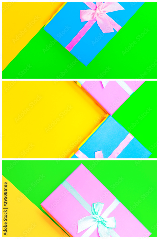 Aufkleber gift box with ribbon on a colorful background. view from above. three sections.