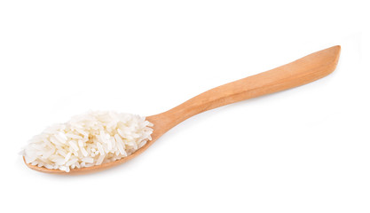 rice in wood spoon on white background