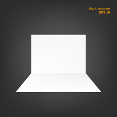 Vector illustration of open half-fold paper sheet with shadows. Empty white page on grey background. This blank can be used as a mock up, template and backgrounds for your own projects. EPS 10 file.