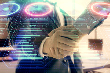Double exposure of business theme drawing on office background with two businessmen handshake. Concept business