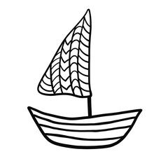 Sailboat with a sail decorated with various elements. Monochrome illustration of a sailboat on a white background.