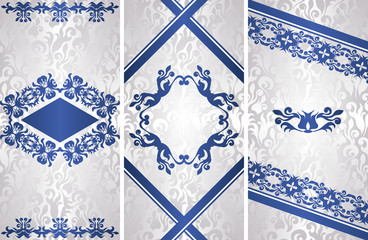 Set of three templates of vintage stylish cards with blue floral décor on silver decoration