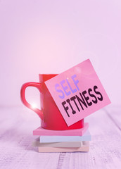 Handwriting text Self Fitness. Conceptual photo state of health and wellbeing and the ability to perform Coffee cup blank sticky note stacked note pads retro retro wooden table