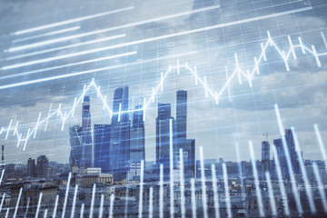 Double exposure of financial graph on downtown veiw background. Concept of stock market research and analysis