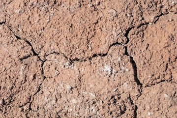 Dry earth with cracks on arid soil surface seen from above. Environmental signs of climate change and global warming