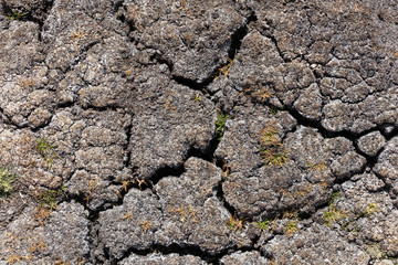 Dry earth with cracks on arid soil surface seen from above. Environmental signs of climate change and global warming
