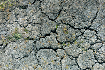 Dry earth with cracks on arid soil surface seen from above. Environmental signs of climate change and global warming