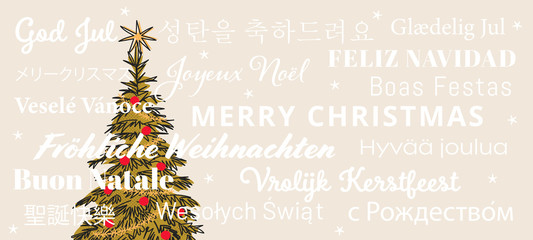 Merry Christmas in different languages, greeting card design