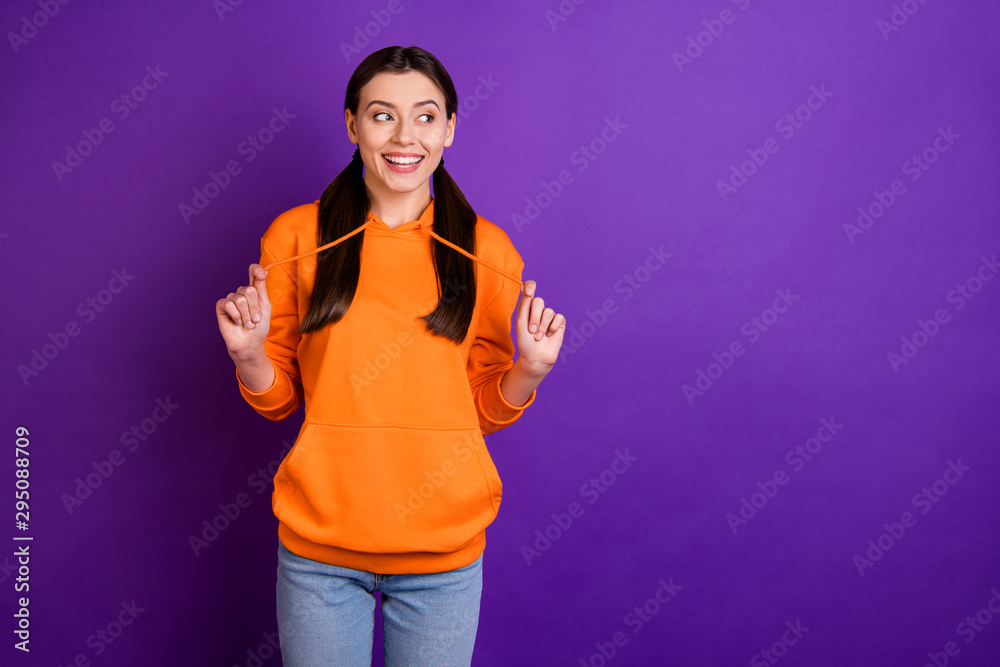 Sticker Portrait of positive cheerful youth girl hear incredible news gossip rumor look curious wear sporty wear denim jeans isolated over violet purple color background