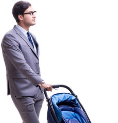 Young dad businessman with baby pram isolated on white