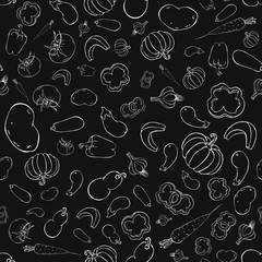 seamless vector vegetable pattern on black chalkboard. Hand drawn line art vegetable background on blackboard. vintage chalk drawn veggies template for print, wallpaper, package decor, farm goods