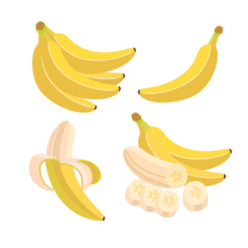 Vector set of colored banana bunch, singl, peeled and sliced