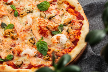 Seafood Italian pizza with shrimp,squid, mussels, fresh herbs and mozzarella on a crusty base viewed from above on Gray background. Horizontal photo.