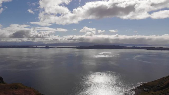 Scotland Highlands Panning Aerial View Over Sound Of Ramsay Isle Of Skye The Storr