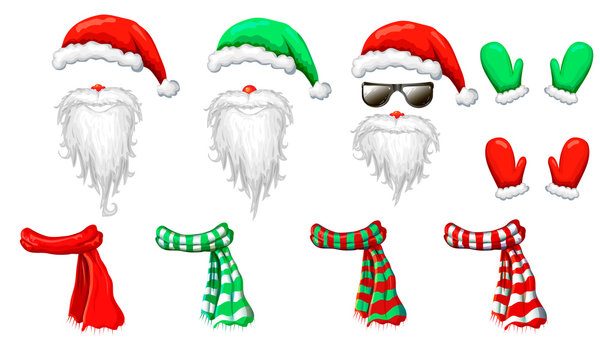 Santas hats, beards and mustaches mask collection isolated on white. xmas holiday funny costume of Santa Claus in sunglasses for decorations. Christmas photo booth and props for creative design.