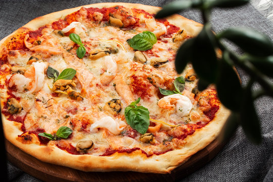 Seafood Italian pizza with shrimp,squid, mussels, fresh herbs and mozzarella on a crusty base viewed from above on Gray background. Horizontal photo.