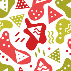 Simple abstract seamless pattern with triangles, dots, waves and stripes. Festive Christmas theme in red and green.