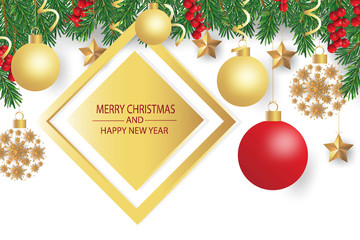 Merry Christmas and Happy New Year. Christmas tree branches with decoration on white background.