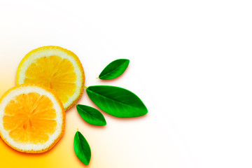 Lemon vitamin C. Fresh orange citrus fruit with leaves isolated white backgrounds. Flat lay copy space