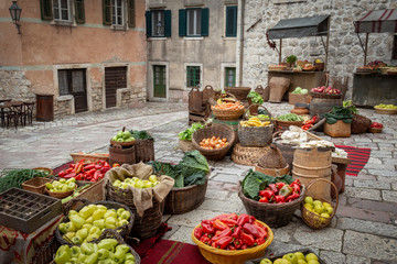 fresh produce market in kotor montenegro - obrazy, fototapety, plakaty