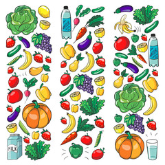 Vector banners, pattern with healthy food. Fruits and vegetables. Milk, dairy products. Pattern for store, mall, menu, cafe, restaurants.