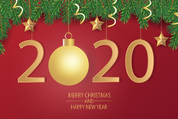 Merry Christmas and Happy New Year 2020 greeting card. Christmas greeting card background made by Christmas balls with decoration.