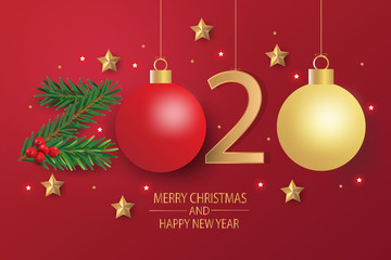 Merry Christmas and Happy New Year 2020 greeting card.