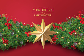 Merry Christmas and Happy New Year. Christmas sale banner in blue background with gifts box and decoration.