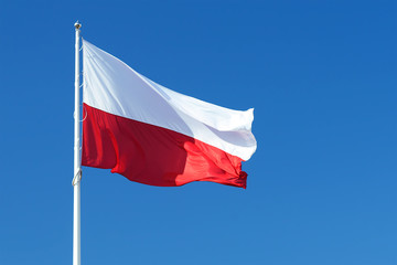 Naklejka na ściany i meble National flag of Poland waving on a clear blue sky background 