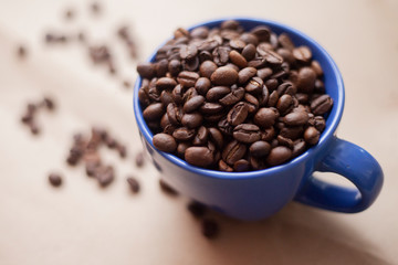 Mug with fresh tasty coffee seed - coffee beans.