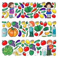 Vector pattern with children eating healthy food. Fruits and vegetables. Kids like milk, dairy products. Pattern for store, mall, menu, cafe, restaurants.