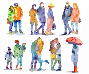 Different people in autumn clothes.  Men and women, children, young people in love. Isolated over white background. Autumn fashion. Watercolor illustration. - 295091520