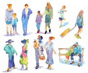 Different people in summer clothes. Men and women, family, children, lovers. Isolated over white background. Summer fashion. Watercolor illustration. - 295091533