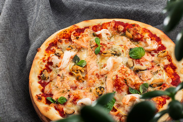 Seafood Italian pizza with shrimp,squid, mussels, fresh herbs and mozzarella on a crusty base viewed from above on Gray background. Horizontal photo.