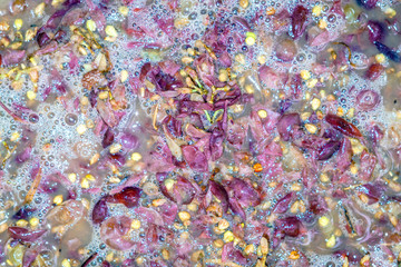 texture background of crushed grapes for making wine or juice. The holiday of Beaujolais Nouveau...