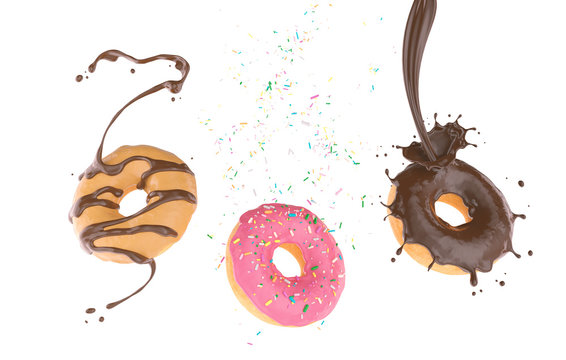 flying Donut with sugar Sprinkled and chocolate splash, 3d rendering Include clipping path.