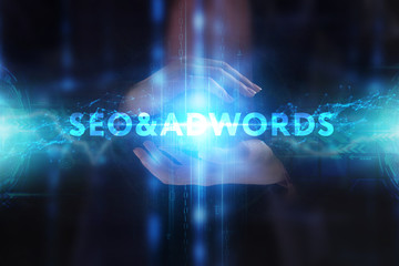 The concept of business, technology, the Internet and the network. A young entrepreneur working on a virtual screen of the future and sees the inscription: