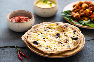 Mexican cuisine on a gray stone background. Homemade buritto with cheese with tomato and cheese sauce. Vegetarian Mexican cuisine. Traditional mexican food. Taco mexican food. Vegan food.