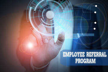 Text sign showing Employee Referral Program. Business photo text employees recommend qualified friends relatives Male human wear formal work suit presenting presentation using smart device