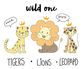 Set of cute animal wildlife.  leopard, tiger, lion. Vector illustration. 